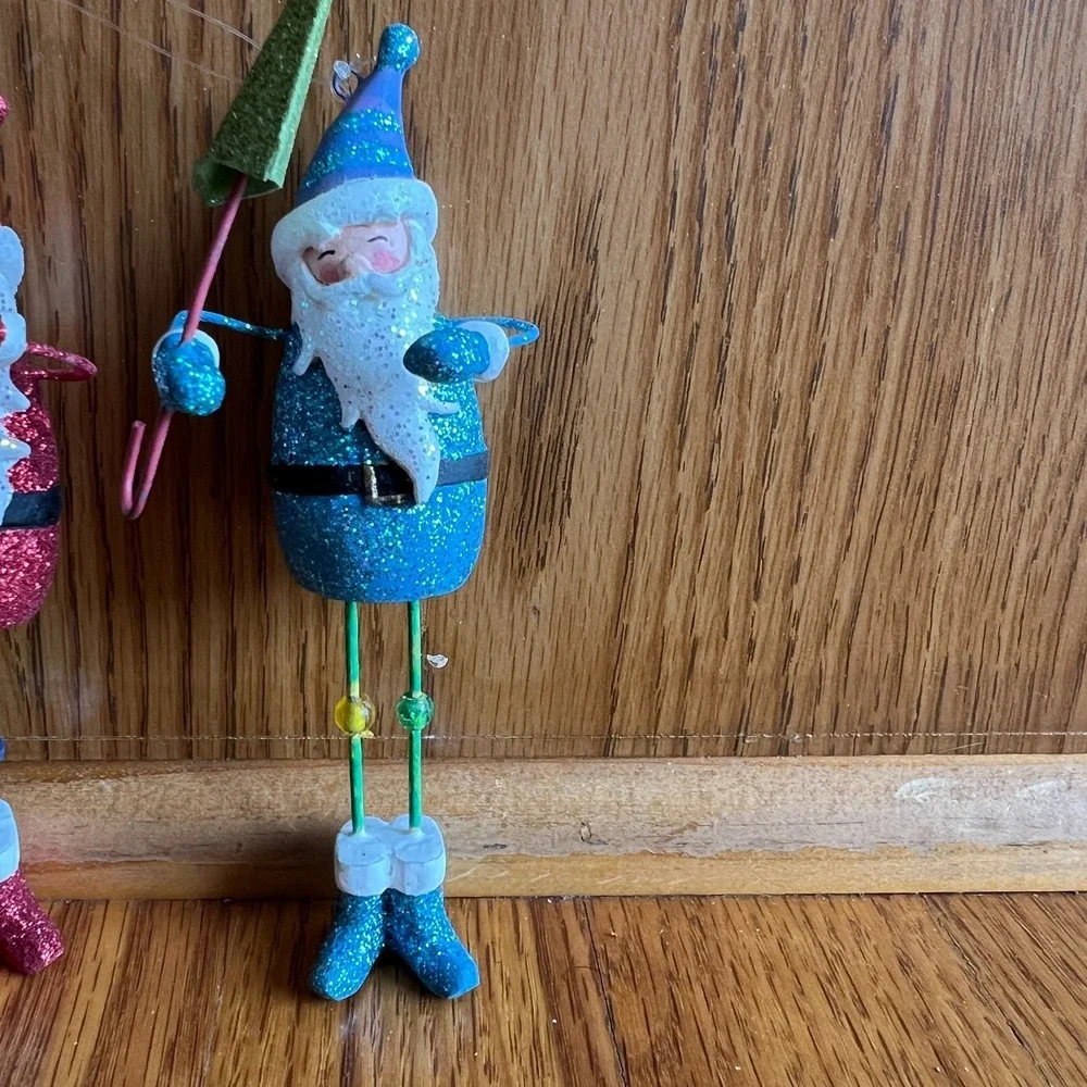 Lot of 2 Dept 56 Glitter Santa‎ Ornaments Retro Beaded Legs Christmas Holiday